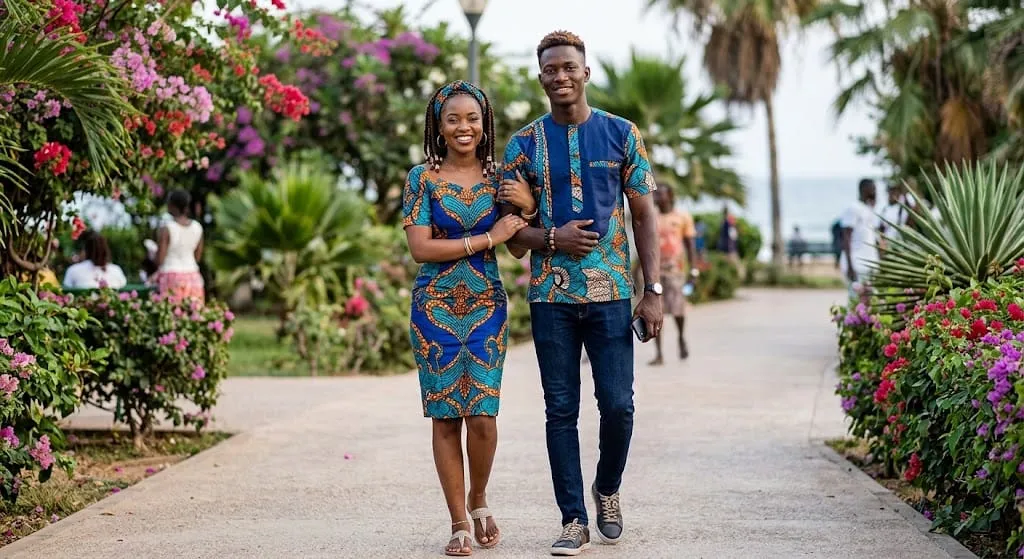 Jeune couple en tenues wax assorties, souriant sur une allée fleurie
