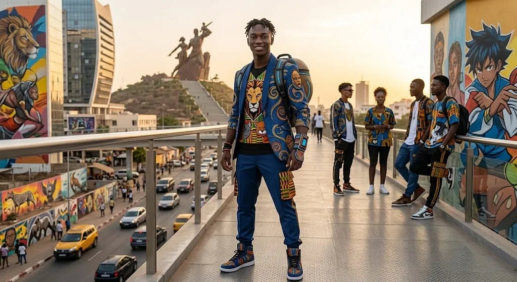 Jeunes en tenues streetwear à motifs africains sur une passerelle de Dakar, devant le monument de la Renaissance africaine